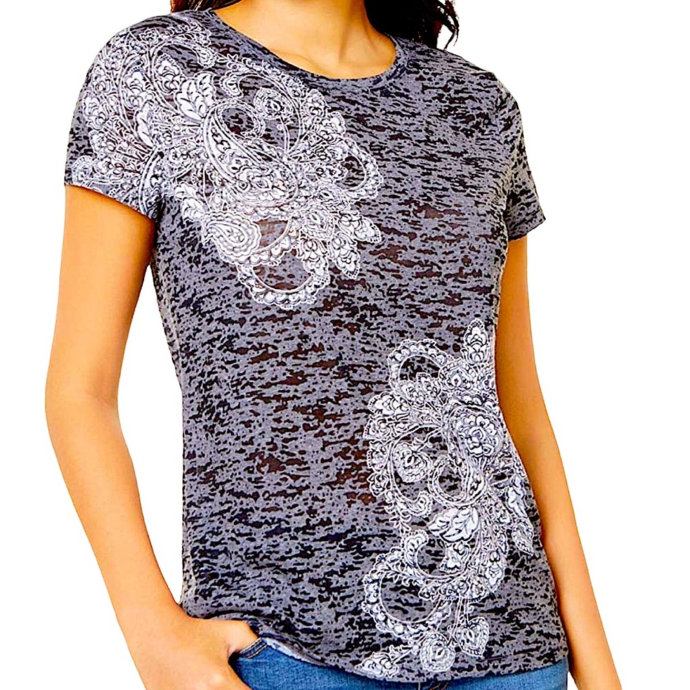 NWT INC International Concepts Gem Paisley Short Sleeve Top in Deep Black Size L